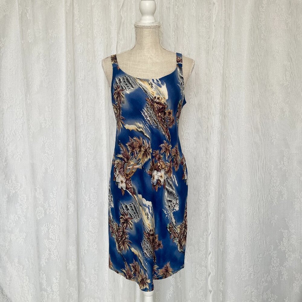 Vintage Hilo Hattie Womens Hawaiian Dress Medium Blue Mini Slip Ukulele Summer